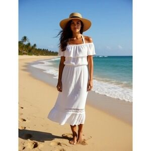 White‎ Off The Shoulder Ruffle Midi Dress Lace Trim Pom Pom Boho Summer Size L